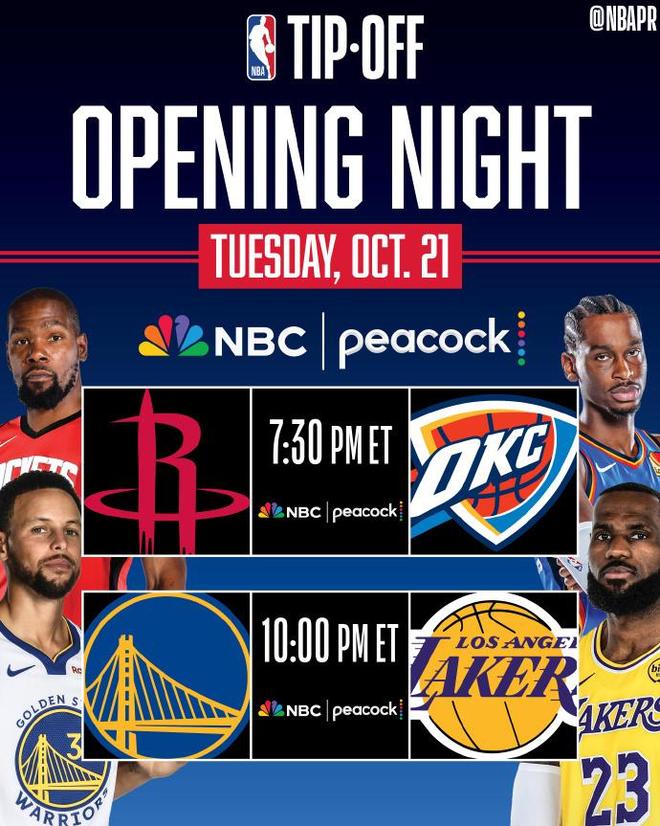NBA官宣重要賽程:揭幕戰(zhàn)火雷戰(zhàn)+湖勇戰(zhàn) 圣誕大戰(zhàn)火湖+俠勇對(duì)決